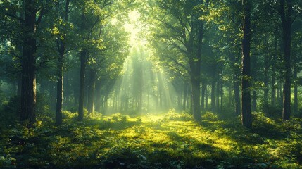 Sunlight streams through dense forest trees.