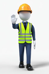 3d human at a stop pose. Green luminous protective vest, protective helmet