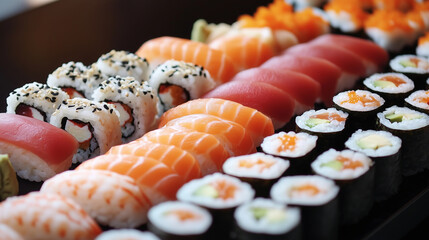 Na eleganckim stole znajduje się wyrafinowany zestaw sushi, w którym każdy kawałek jest starannie ułożony.