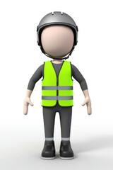 3d human at a stop pose. Green luminous protective vest, protective helmet
