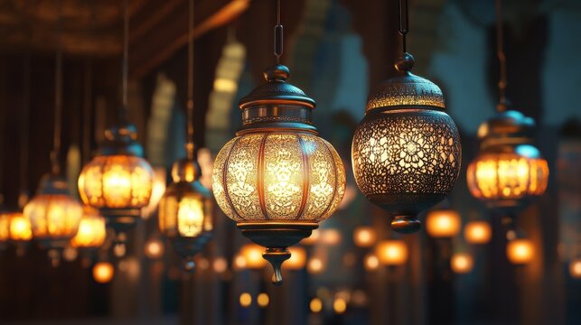 Intricate, ornate lanterns hang in a dimly lit space, casting a warm glow.