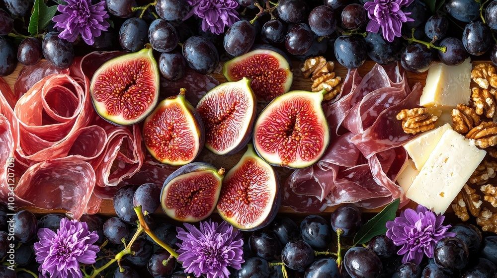 Aufkleber fresh figs and grapes are arranged with cured meats and cheese, complemented by colorful edible flow