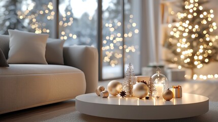 Living room with colorful Christmas lights and DIY ornaments, creative holiday spirit, 3D illustration
