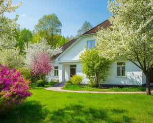 Beautiful exterior home with green grass yard, trees in bloom, and flowering bushes during morning spring time.