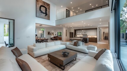 Spacious living room with large windows, white couches, and a coffee table in a modern home.