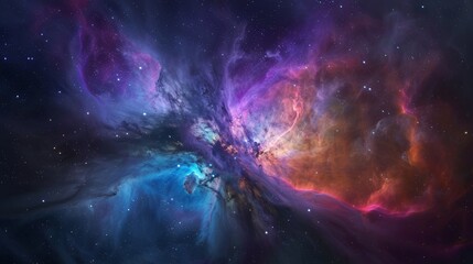Obraz premium Vibrant cosmic nebula displaying swirling clouds of color and starlight in the depths of space, captured in a stunning astrophotographic view