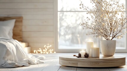 Minimalist bedroom with Christmas fairy lights and a small tree, cozy winter feel, 3D illustration