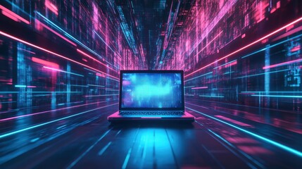 A laptop sits in the middle of a digital tunnel with bright blue and pink neon lines.
