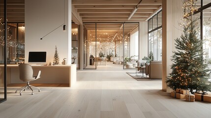 Office space with subtle Christmas decorations and cozy lighting, 3D illustration