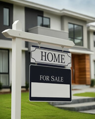 Fototapeta premium Home or House For Sale Sign in Front of New House. Real Estate concept.