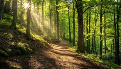 Obraz premium Sunbeams Through Trees in a Forest