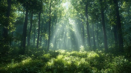 Obraz premium Sunlight beams through dense forest.