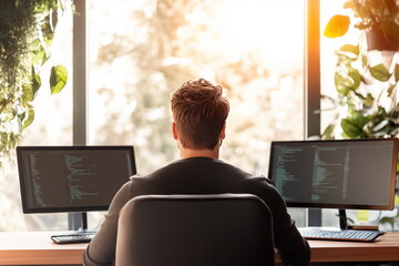 Man working on dual monitors in modern office setting with sunlight and greenery