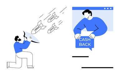 A person shouting into a megaphone which releases word-laden missiles like deals towards a figure in a computer window holding a cash back sign. Ideal for online marketing, promotions, customer