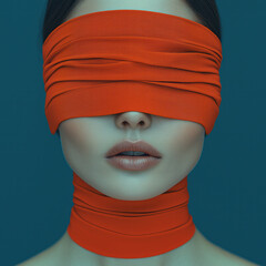 A blindfolded woman with darkred ribbons wrapped around her eyes, 