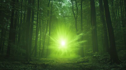 Obraz premium A bright, green light shines through the trees in a dense forest.