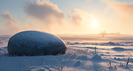 A small, perfectly round pebble sitting alone on a vast, snow-covered field