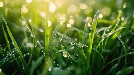 Fototapeta premium Close-up of dew drops on green grass blades with sunlight shining through.