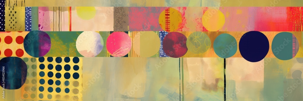 Poster Colorful abstract composition featuring circles and rectangles with varied patterns and textures in vibrant hues