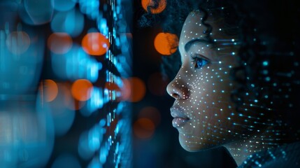 A young woman gazes at digital projections illuminating her face in a modern tech environment during the evening
