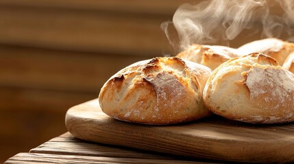 Freshly baked bread rolls steaming on a wooden board, inviting aroma, perfect for culinary delights.
