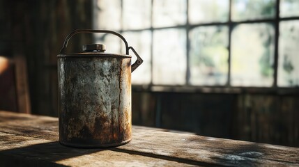 Naklejka premium Rustic old metal oil can on a wooden table on a sunny day
