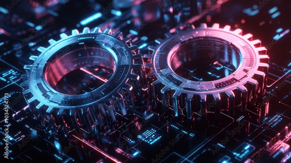 Poster interconnected metal gears rest on a circuit board, illuminated by colorful neon lights, symbolizing