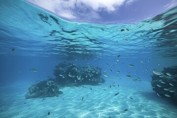 Fototapeta premium A clear blue ocean with small fish swimming in the water