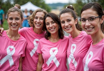 Group of Women Supporting Breast Cancer Awareness in Pink T-Shirts Smiling Together at an Outdoor Event