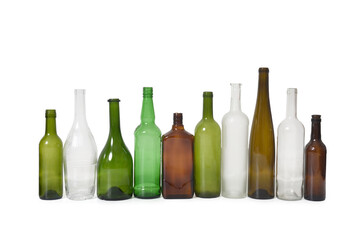 line of standing bottles used for recycling isolated on white background