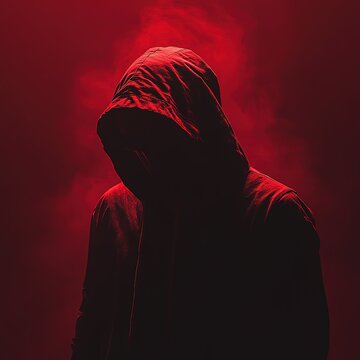 Hacker or scammer character in the dark with their face obscured by the hood, standing under dim red lighting, Generative Ai