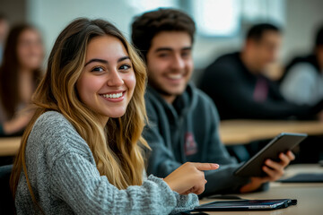 A photo of diverse students in an online class, smiling and engaged with tablets at their desks.