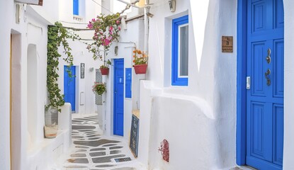 A narrow alleyway in a picturesque Greek island town, with white-washed buildings, blue doors and windows