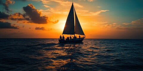 Fototapeta premium Sailboat with people on ocean at sunset.