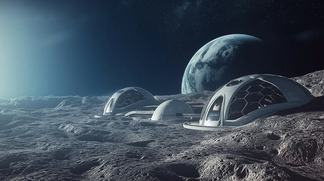 Futuristische Mondbasis unter Sternenhimmel. Kuppeln und Module auf grauer Oberfl&auml;che. Erde am Horizont. Sci-Fi-Vision naher Zukunft