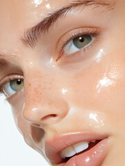 A close-up Beauty Portrait, Skincare, young women with a glowing skin,  Face, Fashion, Cosmetics, Foundation, Makeup