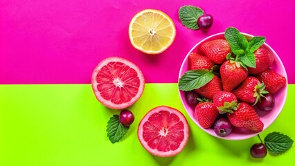 Fresh strawberries, grapefruit, lemon, and mint on a pink and green background.