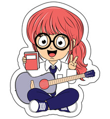 Cute Girl Cartoon Play Guitar