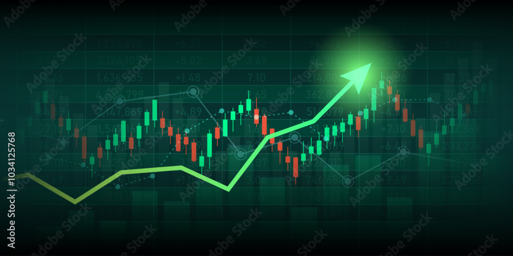 Wall mural widescreen abstract financial graph with uptrend line arrow and bar chart of stock market on green c