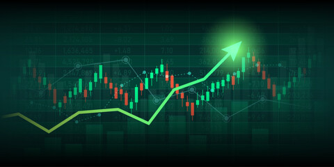 Widescreen Abstract financial graph with uptrend line arrow and bar chart of stock market on green color background