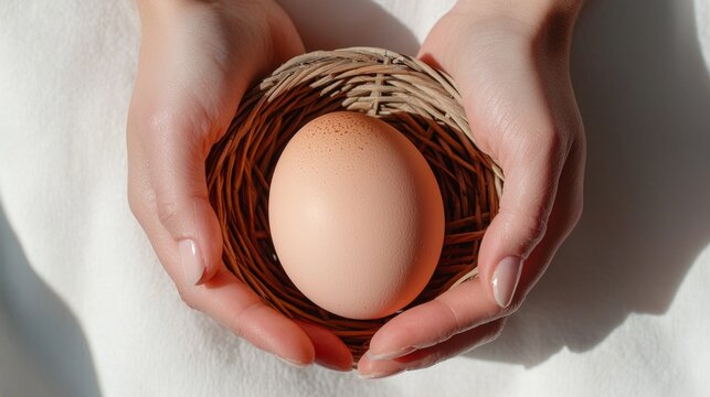 A woman's hands gently cradling a single egg in a small nest on a soft white surface.