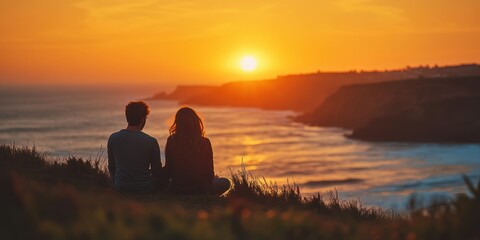 Obraz premium Couple silhouetted against sunset ocean view.