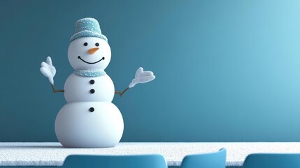 Snowman presenting a business model in a snowthemed pitch competition