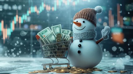 Snowman pushing a shopping cart full of coins and banknotes, surrounded by financial charts