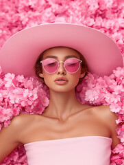 a girl wears sunglasses and a pink outfit laying in a bed of  flowers,  