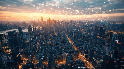 A panoramic view of a city skyline at sunset with a network of interconnected dots overlayed, symbolizing connectivity and communication.