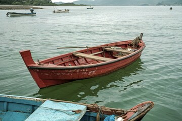 Obraz premium One fishing boat floating on the water