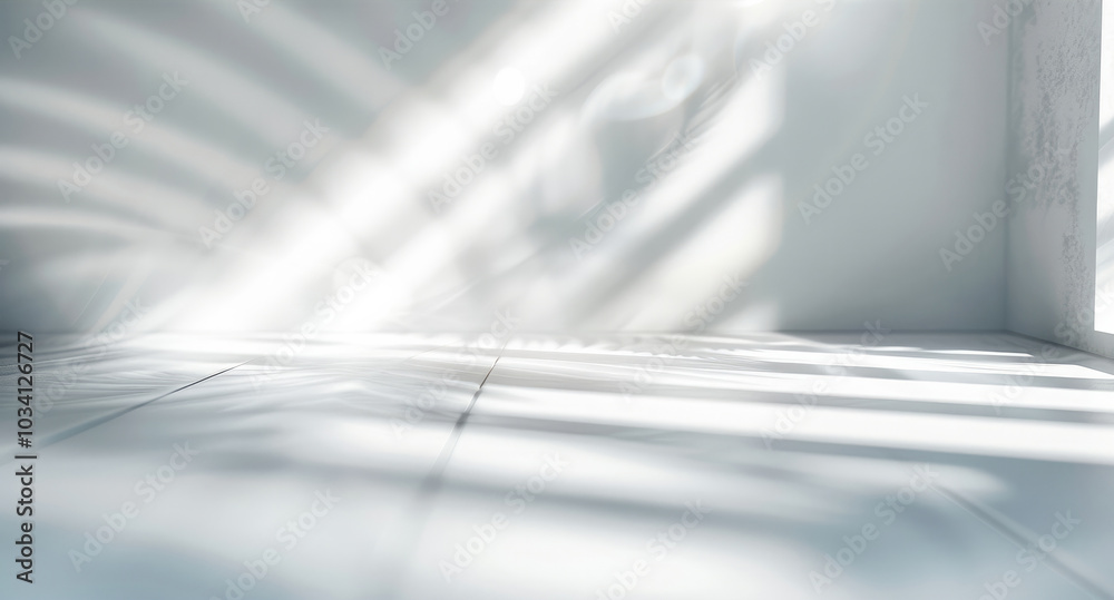 Aufkleber Blurred overlay effect for photo and mockups. Wall texture with organic drop diagonal shadow and rays of light on a white wall.