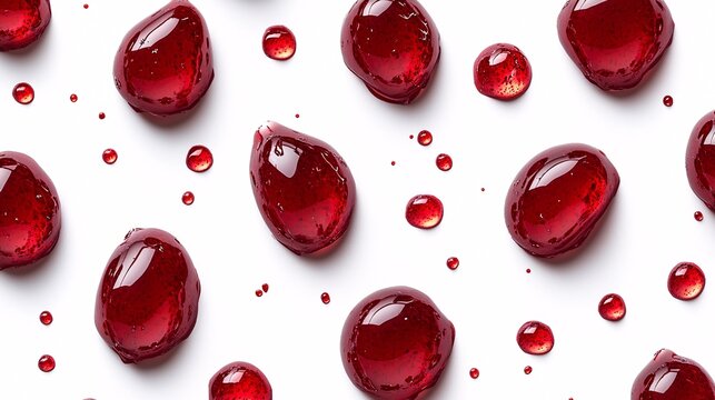 Glossy red droplets arranged artistically on a white surface, creating a vibrant and eye-catching visual display.
