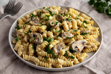 Homemade Mushroom Stroganoff on a Plate, side view.